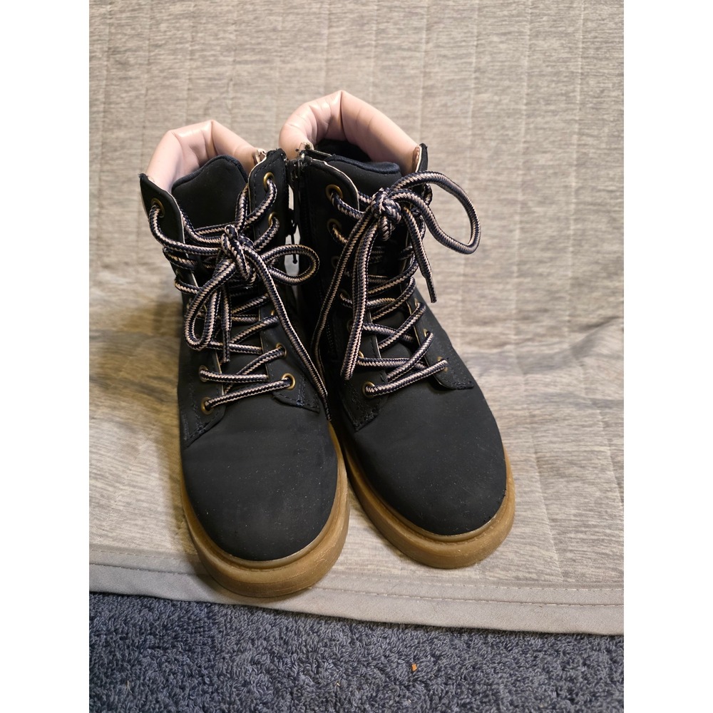 1473 Steve Madden Kids Black Combat Boots Pink Collar Side Zip Size 13